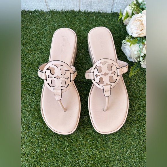 Tory Burch  MILLER WEDGE SANDAL
$275 size 9.5 gently used
Color: Soft Pink - Picture 13 of 16